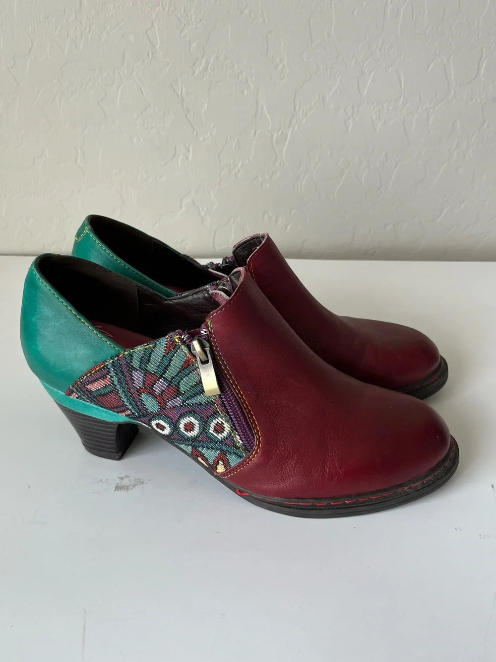 Socofy Boho Eclectic Leather Ankle Boots Booties Burgundy Turquoise Size 39